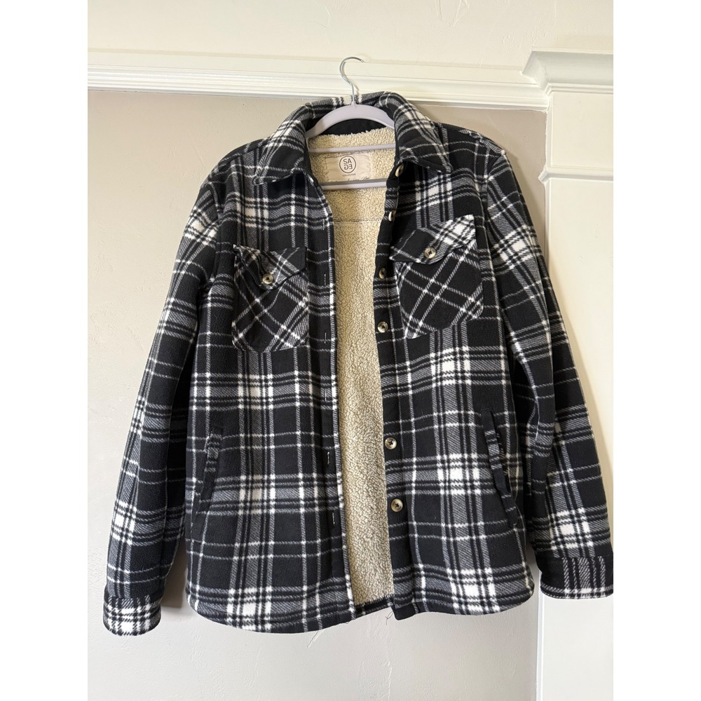 Sage Collective Black White Plaid Fleece Sherpa Lined Shacket Womens Small